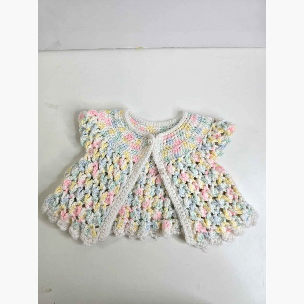 Vintage Handmade Baby Crochet Sweater Cardigan – Pastel Rainbow Stitch, NB-3 Mos
